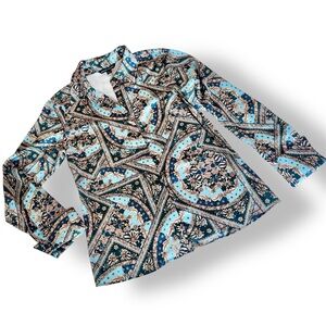 BOSTON PROPER Silky Turquoise Blue Green Black Paisley Blouse Button Down Shirt